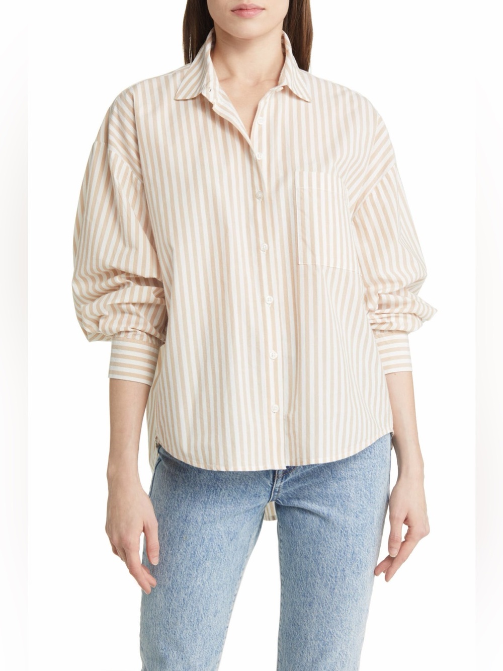 Pistola Sloane Stripe Stretch Poplin Button-Up Shirt XS tan white oversized